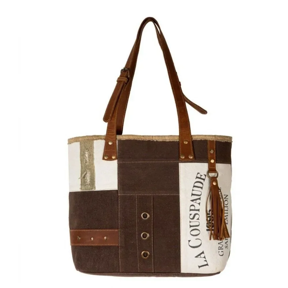 Myra Bag Handmade Francais Tote Bag Upcycled Canvas & Cowhide Leather